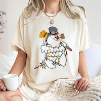 Festive Holiday Lights Shirt, Snowman Christmas Graphic T-Shirt, Adorable Winter Snowman Tee, Retro Xmas Cartoon Graphic T-Shirt Present
