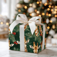 Watercolor Safari Giraffe Gift Wrap, Christmas Giraffe Wrapping Paper, Festive Giraffe Wrapping Paper, Dark Green Pine Holiday Present Wrap