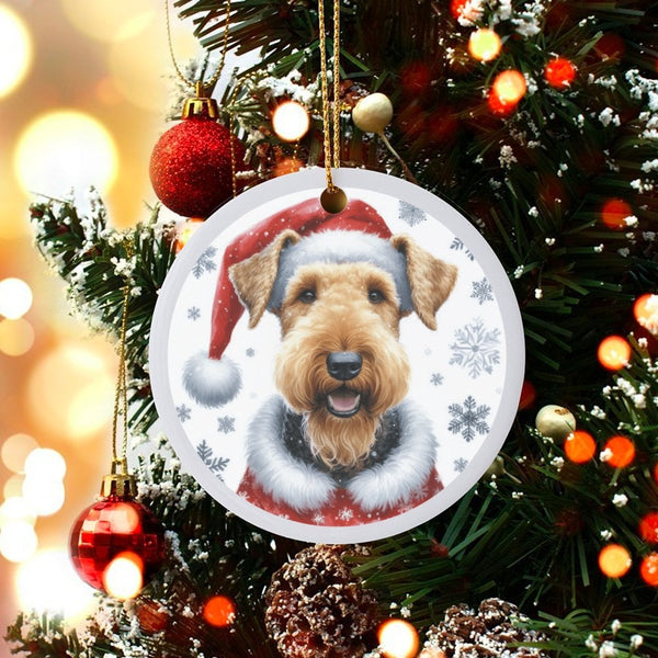Festive Santa Hat Ceramic Ornament, Airedale Terrier Dog Christmas Ornament, Holiday Pet Keepsake Tree Ornament, Dog Lover Pr