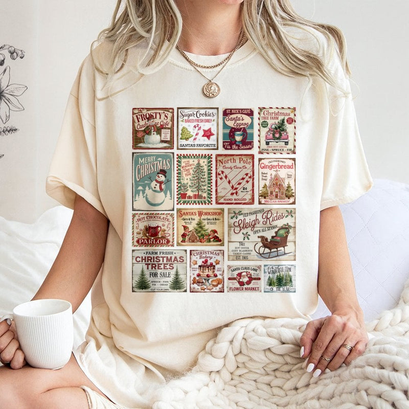 Retro Holiday Stamp Shirt, Vintage Christmas Stamp T-Shirt, Festive Postage Collage Graphic Tee, Comfy Winter Christmas T-Shirt, Holiday Present