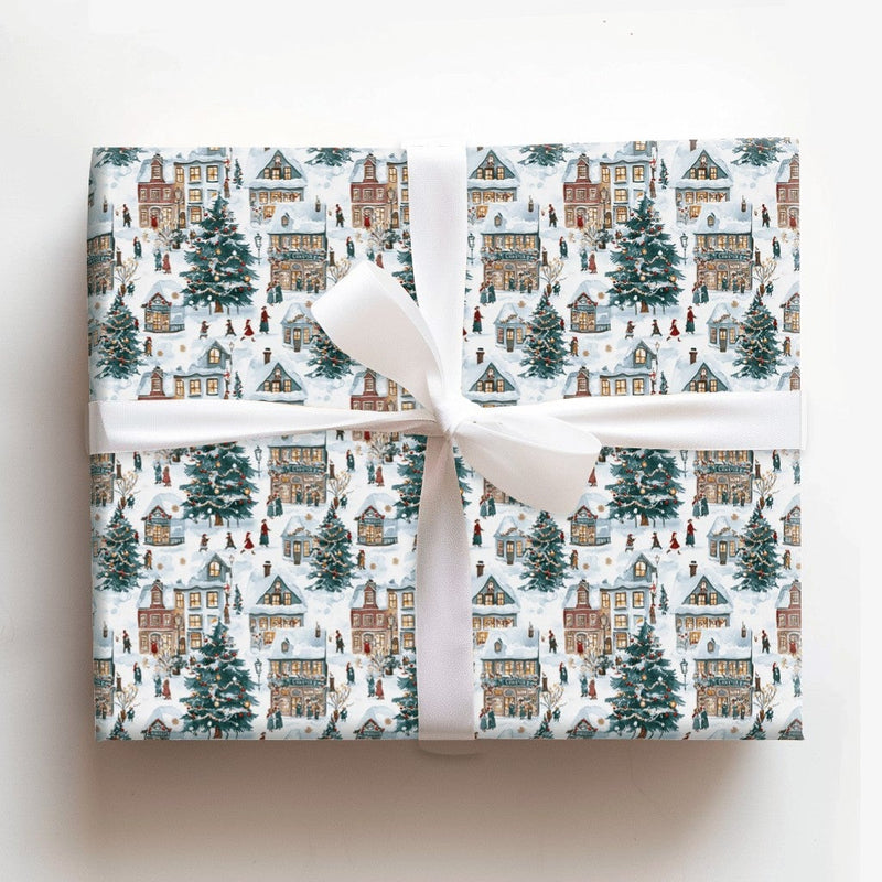 Nostalgic Winter Town Holiday Gift Wrap, Snowy Christmas Village Wrapping Paper, Classic Xmas Wrapping Paper Roll, Festive Holiday Gift Wrap