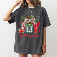 Plaid Festive Holiday Graphic Tee, Joy to the World Christmas T-Shirt, Christian Faith Xmas Shirt, Joyful Religious Holiday T-Shirt Present