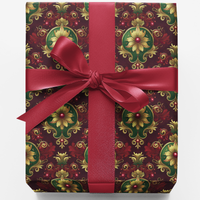 Emerald Crimson Christmas Gift Wrap Roll, Gold Floral Damask Wrapping Paper, Luxury Holiday Wrapping Paper, Elegant Winter Present Wrap