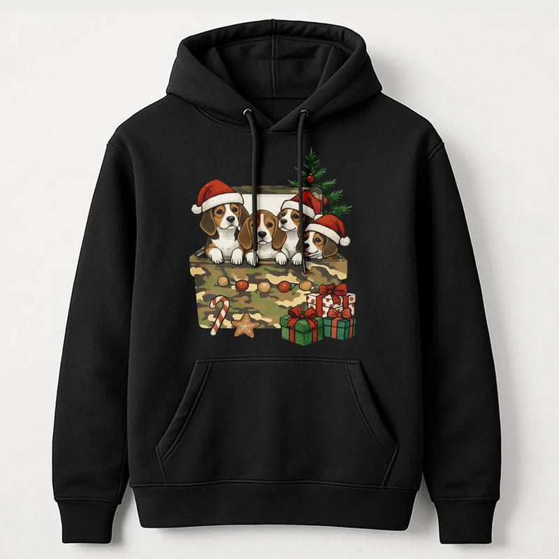 Puppies in Gift Box Hoodie, Beagle Christmas Hoodie, Adorable Beagle Dog Sweatshirt, Christmas Pet Lover Hoodie, Winter Dog Holiday Apparel