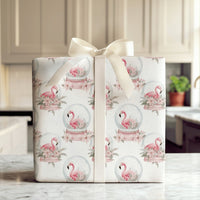 Tropical Christmas Gift Wrap, Snow Globe Flamingo Wrapping Paper, Watercolor Pink Poinsettia Present Paper, Winter Holiday Wrap Roll