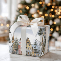 Quaint Holiday Town Gift Wrap, Watercolor Snowy European Village Wrapping Paper, Comfy Christmas Present Wrap, Festive Winter Present Paper Roll
