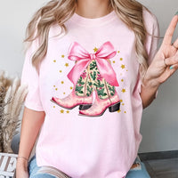 Western Holiday T-Shirt, Pink Cowboy Boots Christmas Shirt, Adorable Bow Graphic Tee, Country Cowgirl Christmas Shirt