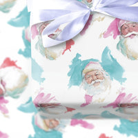 Pink and Teal Christmas Wrapping Paper, Watercolor Santa Wrapping Paper, Modern Santa Holiday Wrapping Paper Roll, Festive Present Gift Wrap