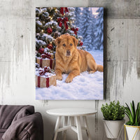 Holiday Dog Wall Art, Golden Retriever Christmas Canvas, Snowy Christmas Tree Dog Print, Festive Pet Lover Canvas Art, Winter Dog Lover Present