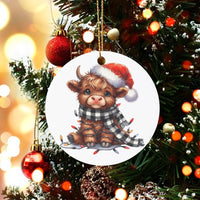 Santa Hat Calf Ceramic Ornament, Baby Highland Cow Christmas Ornament, Plaid Scarf Farm Animal Ornament, Festive Tree Decor, Holiday Present