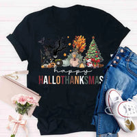 Halloween Fall Christmas Shirt, Hallothanksmas T-Shirt, Humorous Holiday Season Graphic Tee, Adorable Autumn Xmas T-Shirt, Present for Him and Her
