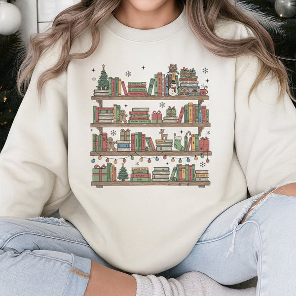 Holiday Library Tree Graphic Sweater, Christmas Bookshelf Sweatshirt, Book Lover Christmas Pullover, Comfy Bookish Reader Xma