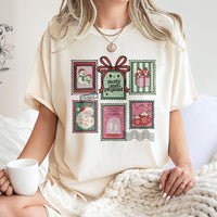 Vintage Holiday Stamp Graphic Tee, Merry and Pregnant Christmas T-Shirt, Adorable Pregnancy Reveal Shirt, Expecting Mom Xmas Present Tee