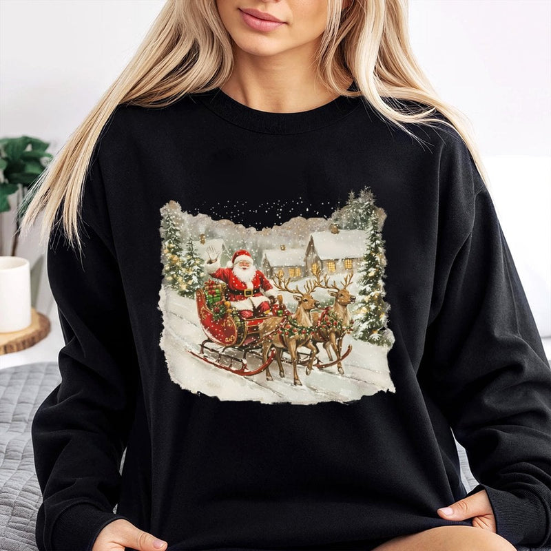 Vintage Reindeer Sleigh Sweatshirt, Retro Santa Claus Sweatshirt, Comfy Holiday Graphic Sweatshirt, Christmas Crewneck Pullover, Xmas Present