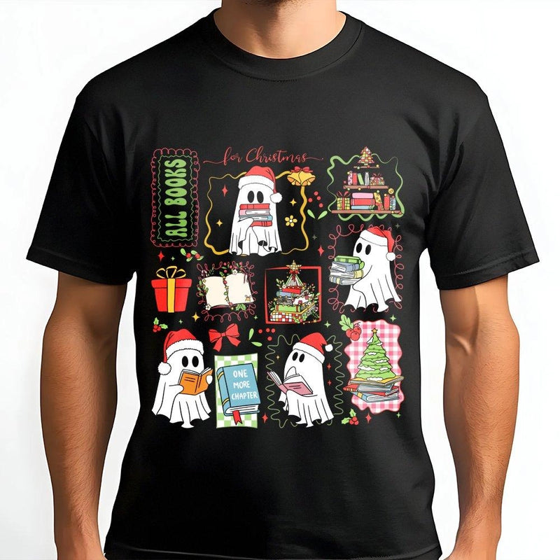 Adorable Reading Ghost Graphic Tee, Book Lover Christmas T-Shirt, Holiday Bookish Shirt, Spooky Reader Tee, Librarian Christmas Apparel Present