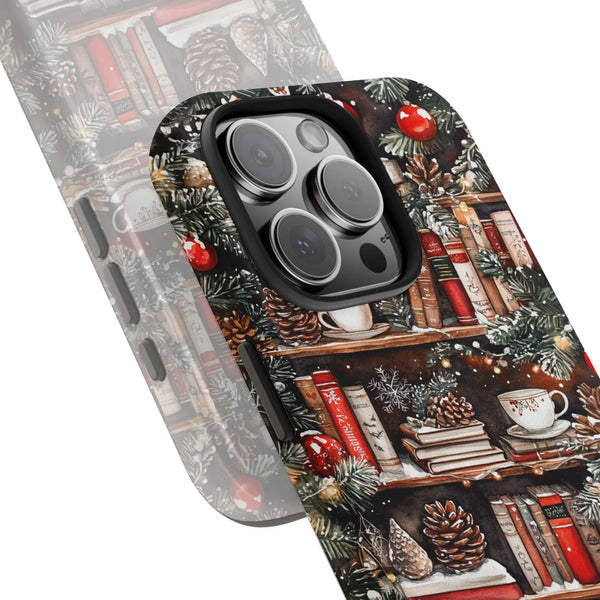 Vintage Books Watercolor Phone Cover, Christmas Bookshelf iPhone Case, Pine Cones Tough Case, Comfy Holiday Bookworm Cover, B