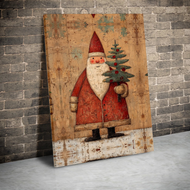 Vintage Christmas Tree Painting, Folk Art Santa Claus Canvas, Rustic Holiday Canvas Wall Art, Winter Farmhouse Wall Decor, Xmas Canvas Art