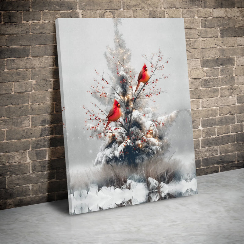 Winter Cardinal Bird Print, Red Cardinal Canvas Wall Art, Snowy Pine Tree Cardinal Art, Christmas Holiday Art