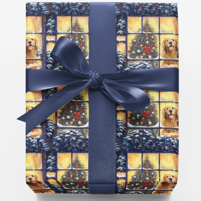 Winter Snow Scene Gift Wrap, Golden Retriever Christmas Wrapping Paper, Holiday Dog Wrapping Paper, Festive Pet Lover Gift Wrap Roll