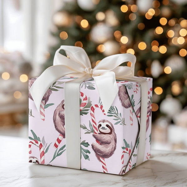 Candy Cane Sloth Gift Wrap, Christmas Sloth Wrapping Paper, Whimsical Holiday Wrapping Paper, Adorable Animal Christmas Gift 