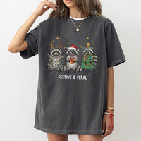 Humorous Christmas Animal T-Shirt, Festive and Feral Raccoon T-Shirt, Retro Holiday Graphic Tee, Adorable Xmas Trash Panda Graphic T-Shirt Present