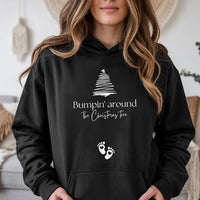 Adorable Holiday Pregnancy Reveal Hooded Sweatshirt, Bumpin' Around the Christmas Tree Hoodie, Mom to Be Baby Announcement Xmas Sweater