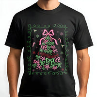 Pink Bow Holiday Graphic Tee, Coquette Christmas Tree Shirt, Girly Xmas T-Shirt, Preppy Aesthetic Christmas Shirt, Festive Present for Women