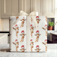 Safari Animal Gift Wrap, Watercolor Giraffe Christmas Wrapping Paper, Santa Hat Giraffe Wrapping Paper, Adorable Holiday Zoo Gift Wrap Roll