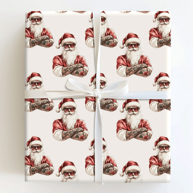 Tattooed Santa Christmas Wrapping Paper, Cool Sunglasses Santa Wrapping Paper, Edgy Holiday Gift Wrap, Fun Xmas Gift Wrapping Paper Roll