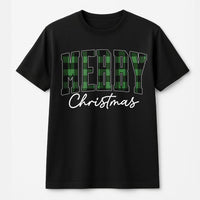 Green Buffalo Plaid Holiday Shirt, Merry Christmas T-Shirt, Retro Varsity Lettering Graphic Tee, Festive Winter T-Shirt, Family Xmas Present