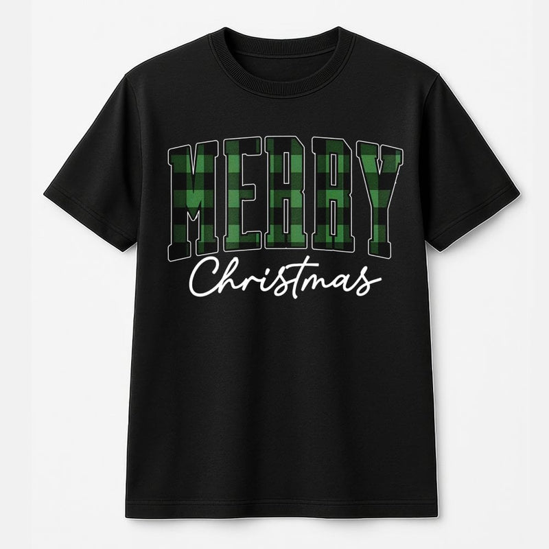 Green Buffalo Plaid Holiday Shirt, Merry Christmas T-Shirt, Retro Varsity Lettering Graphic Tee, Festive Winter T-Shirt, Family Xmas Present