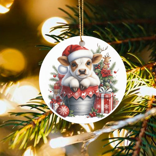 Adorable Calf in Santa Hat Ceramic Ornament, Baby Cow Christmas Ornament, Farmhouse Animal Holiday Ornament, Tree Decor Prese