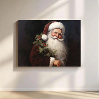 Classic Holly Wreath Portrait Canvas Print, Vintage Santa Claus Wall Art, Traditional Christmas Canvas Art, Holiday Home Wall Decor