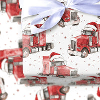 Santa Hat Trucker Gift Wrap, Semi Truck Christmas Wrapping Paper, Transportation Big Rig Wrapping Paper, Holiday Present Paper for Driver