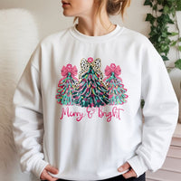 Leopard Print Tree Sweatshirt, Merry and Bright Christmas Sweatshirt, Colorful Holiday Crewneck, Festive Winter Pullover, Xmas Present for Her