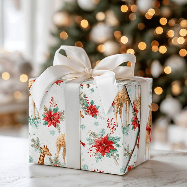 Watercolor Winter Animal Gift Wrap, Christmas Giraffe Wrapping Paper, Poinsettia Holiday Present Paper, Festive Xmas Wrap Rol