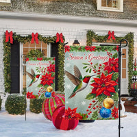 Seasons Greetings Poinsettia Yard Flag, Hummingbird Christmas Garden Flag, Double-Sided Holiday Bird Outdoor Banner, Winter Lawn Flag