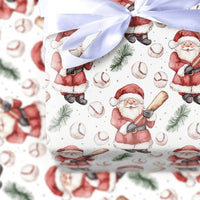 Watercolor Christmas Gift Wrap, Baseball Bat Santa Wrapping Paper, Holiday Sports Fan Wrapping Paper, Pine Sprig Baseball Gift Wrap Roll