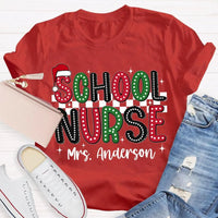 Custom Name Santa Hat Graphic Tee, Personalized School Nurse Christmas Shirt, RN Nurse Holiday T-Shirt, Healthcare Staff Xmas Present