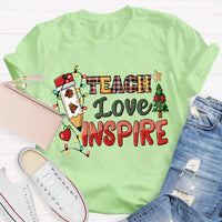 Festive Tree Lights Teacher Tee, Teach Love Inspire Christmas T-Shirt, Holiday Educator Shirt, Merry Christmas School Teacher Present