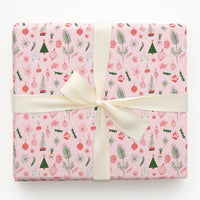Hand Drawn Holiday Ornament Gift Wrap, Pink Christmas Tree Wrapping Paper, Pastel Pink Christmas Wrapping Paper, Festive Xmas Wrapping Paper