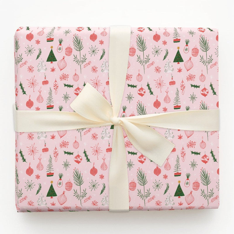 Hand Drawn Holiday Ornament Gift Wrap, Pink Christmas Tree Wrapping Paper, Pastel Pink Christmas Wrapping Paper, Festive Xmas Wrapping Paper