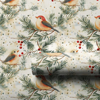 Pine Branch Bird Gift Wrap, Watercolor Winter Birds Wrapping Paper, Red Berry Christmas Wrapping Paper, Rustic Holiday Gift Wrapping Paper