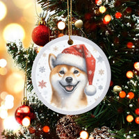Santa Hat Dog Ceramic Ornament, Smiling Shiba Inu Christmas Ornament, Adorable Puppy Tree Ornament, Holiday Pet Keepsake, Present for Shiba Owners