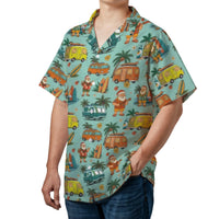 Tropical Christmas Camper Van Aloha Shirt, Surfing Santa Hawaiian Shirt, Humorous Holiday Short Sleeve Shirt, Summer Beach Xmas Present for Men