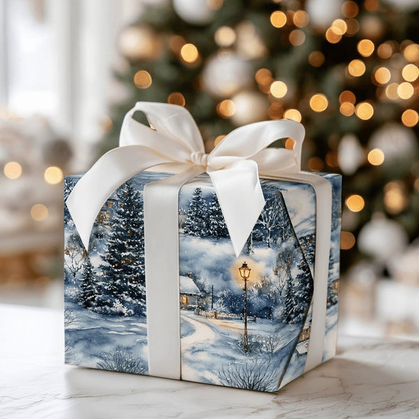 Snowy Cottage Dusk Holiday Gift Wrap, Watercolor Winter Village Wrapping Paper, Comfy Christmas Town Wrapping Paper, Festive 