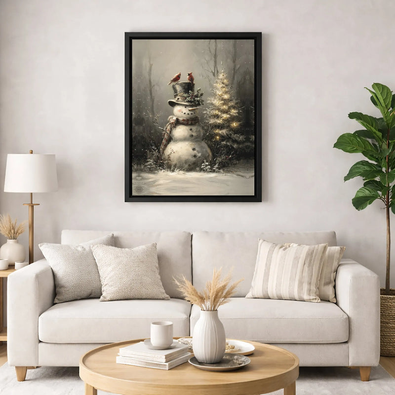 Christmas Snowman Cardinal Canvas Print, Vintage Snowman Canvas Wall Art, Festive Snowman Canvas Painting, Holiday Winter Wall Decor