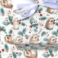 Woodland Holiday Wrapping Paper, Hedgehog Christmas Wrapping Paper, Watercolor Animal Gift Wrap, Winter Pine Festive Wrapping Paper