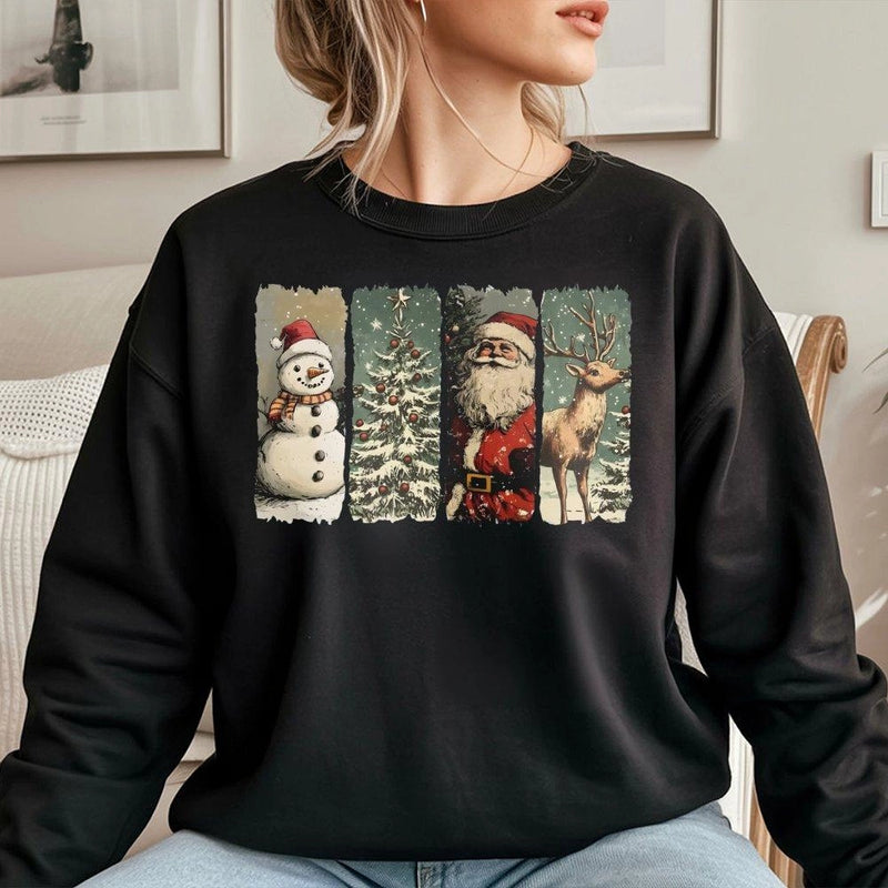 Retro Santa Snowman Sweatshirt, Vintage Christmas Sweatshirt, Reindeer Holiday Sweatshirt, Winter Xmas Crewneck Pullover, Festive Present