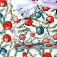 Watercolor Pine Christmas Gift Wrap, Red and Blue Ornament Wrapping Paper, Festive Bauble Wrapping Paper, Holiday Present Wrapping Paper